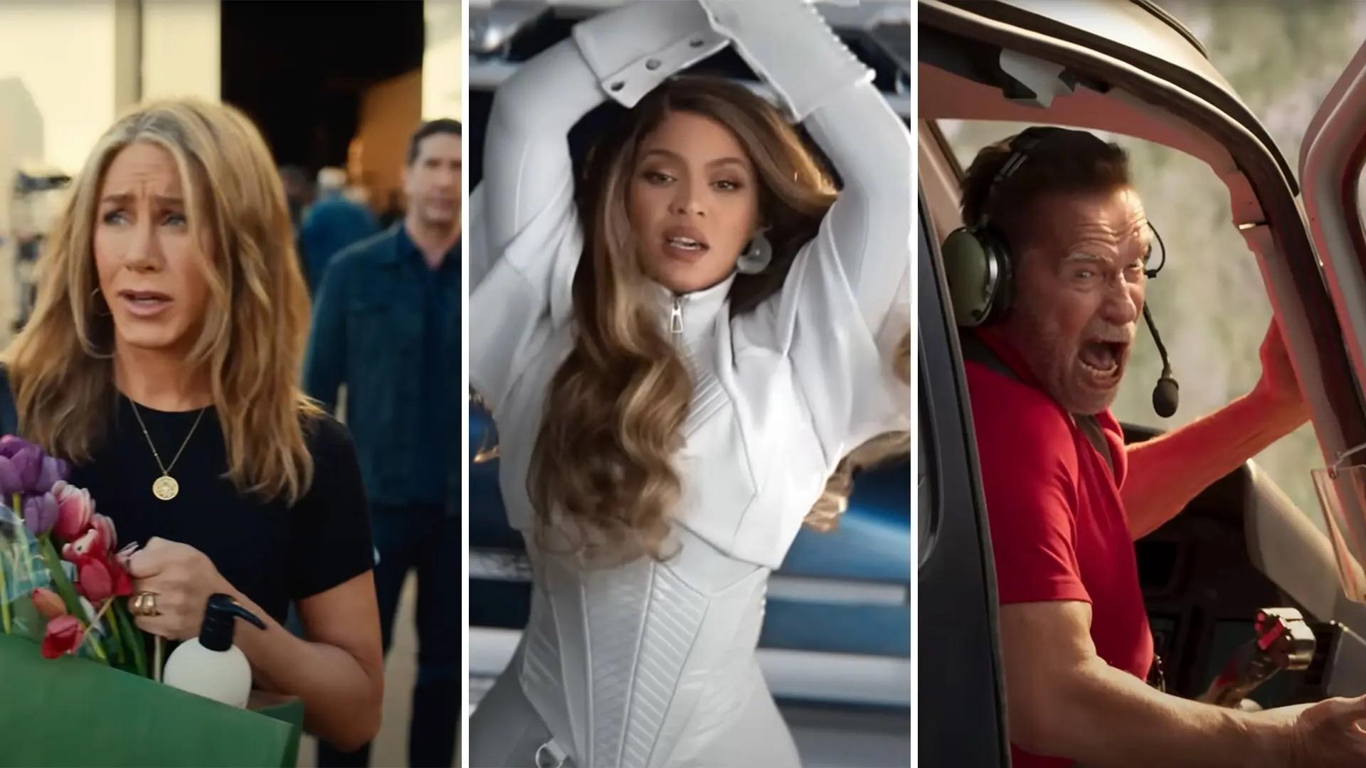 Arnold Schwarzenegger, Beyoncé and Jennifer Aniston all starred in Super Bowl ads last night, during an evening that featured a cavalcade of celebrities pitching products—and themselves. Commercial stills courtesy of State Farm, Verizon and Uber Eats